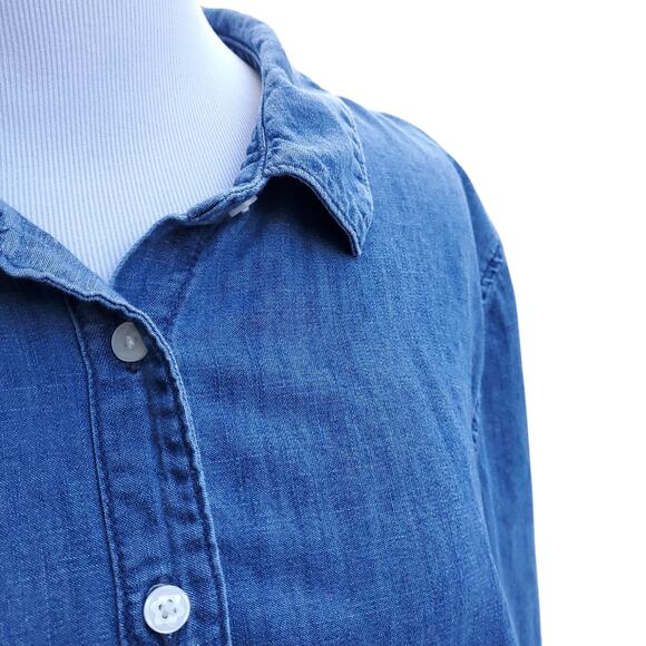 Draper James Blue Cotton Denim Chambray Button Down Top Roll Tab Sleeves Sz 12 - Picture 4 of 10